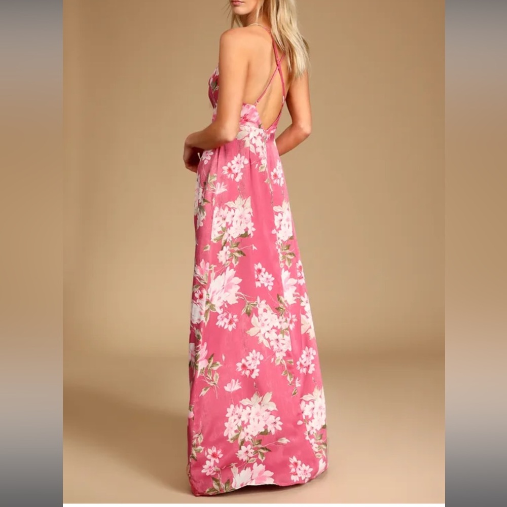 NWT Lulus Love of Romance Pink Floral Print Satin Cowl Neck Maxi Dress - Picture 4 of 8